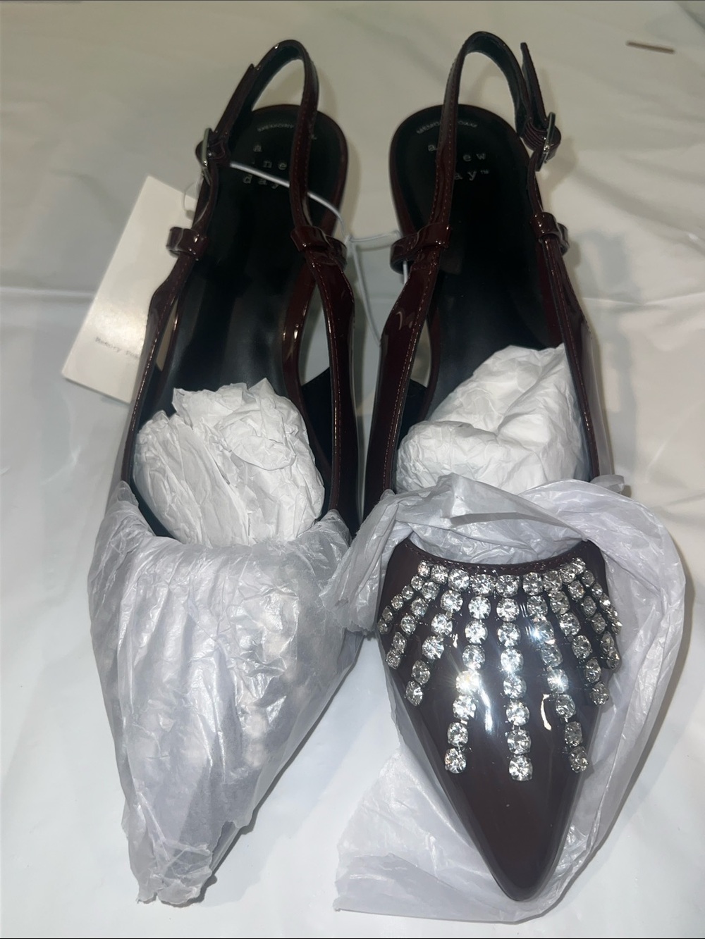 Burgundy Patent Pointed Slingback Low Heel with Crystal Fringe
